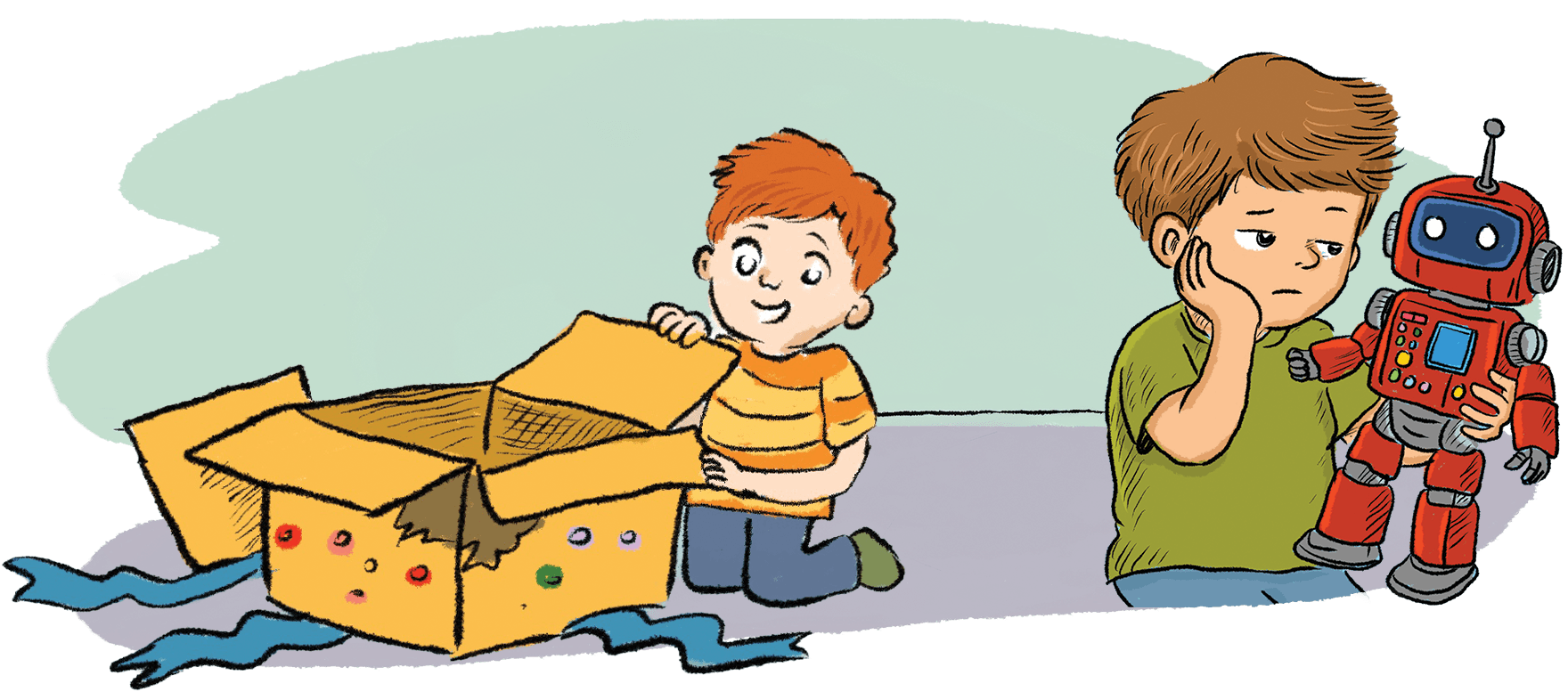 Tom bored with his robot, while Nir excitedly plays with a box